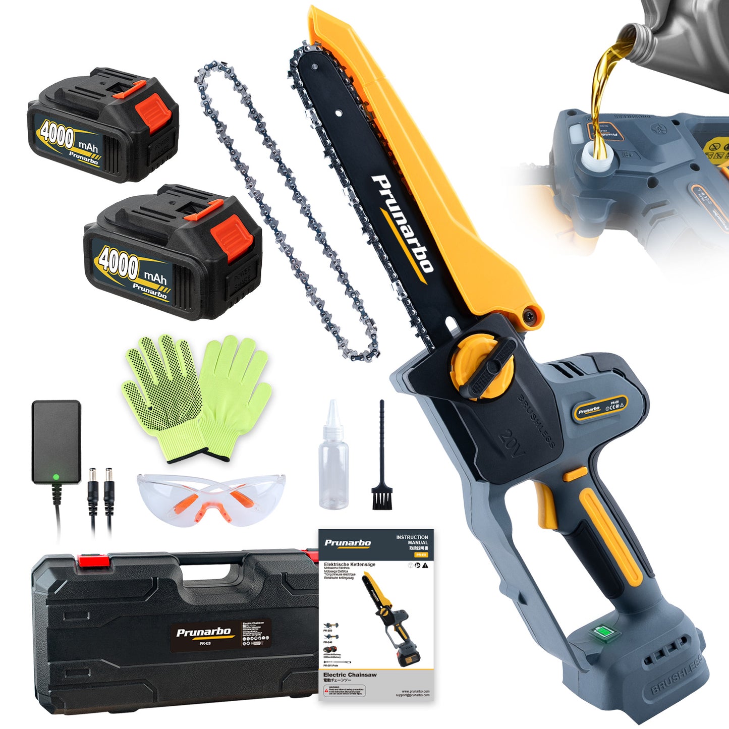 21V 8Inch Mini Chain Saw Battery Powered Electric Chainsaw with 2Pack 4000mAh Batteries-PR-E8